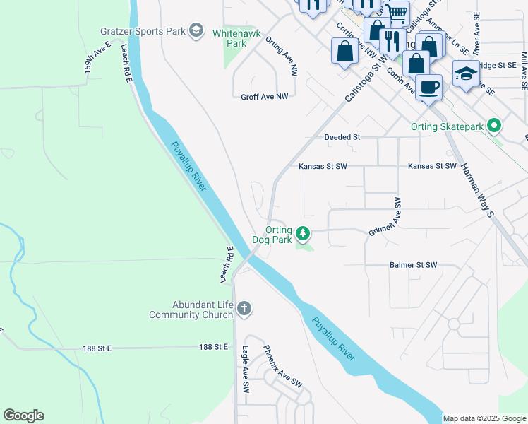 map of restaurants, bars, coffee shops, grocery stores, and more near 702 Teetor Circle Northwest in Orting