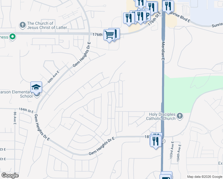 map of restaurants, bars, coffee shops, grocery stores, and more near 9613 181st Street Court East in South Hill