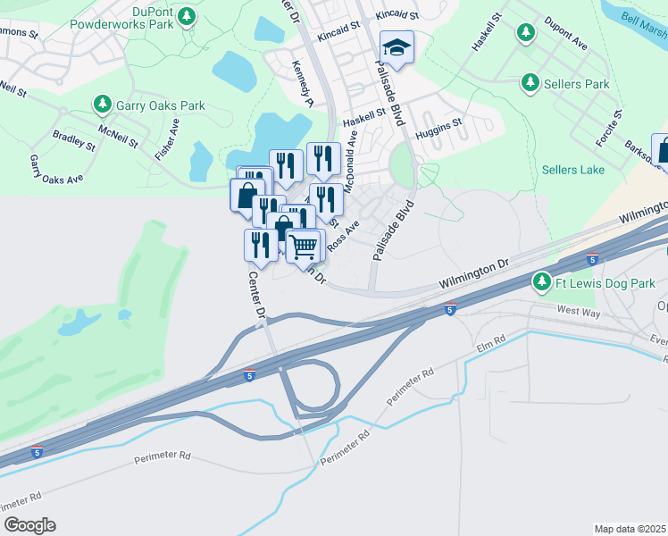 map of restaurants, bars, coffee shops, grocery stores, and more near 920 Ross Loop in DuPont