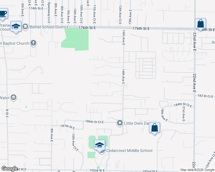 map of restaurants, bars, coffee shops, grocery stores, and more near 18214 12th Avenue Court East in Spanaway