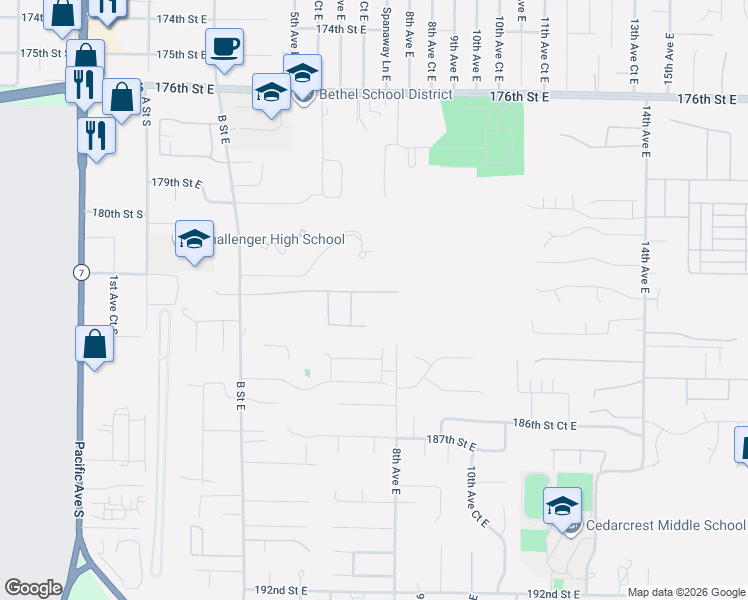 map of restaurants, bars, coffee shops, grocery stores, and more near 706 182nd Street East in Spanaway