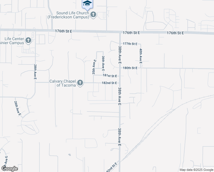 map of restaurants, bars, coffee shops, grocery stores, and more near 3614 182nd Street East in Tacoma