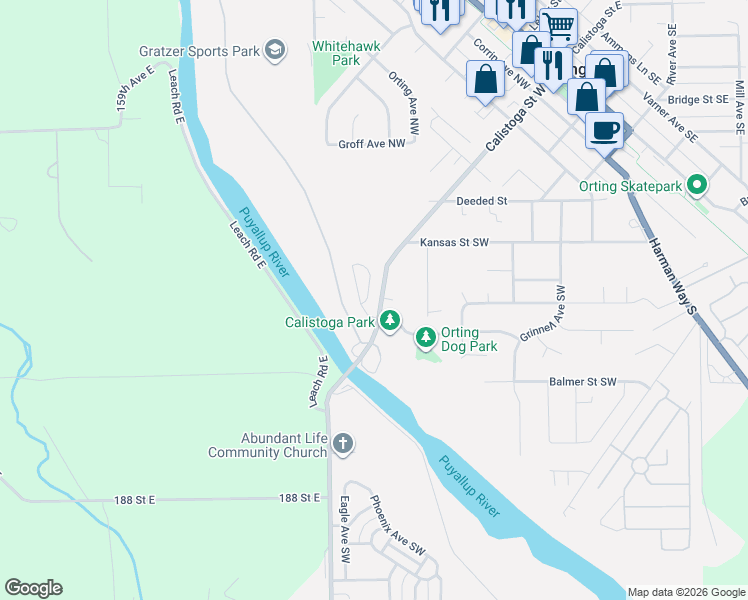 map of restaurants, bars, coffee shops, grocery stores, and more near 708 Calistoga Street West in Orting
