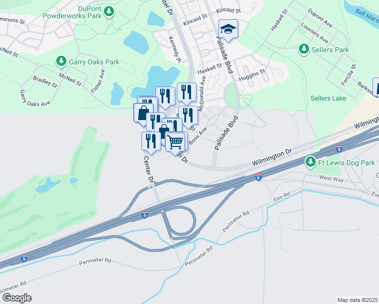 map of restaurants, bars, coffee shops, grocery stores, and more near 930 Ross Loop in DuPont