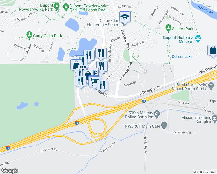 map of restaurants, bars, coffee shops, grocery stores, and more near in DuPont