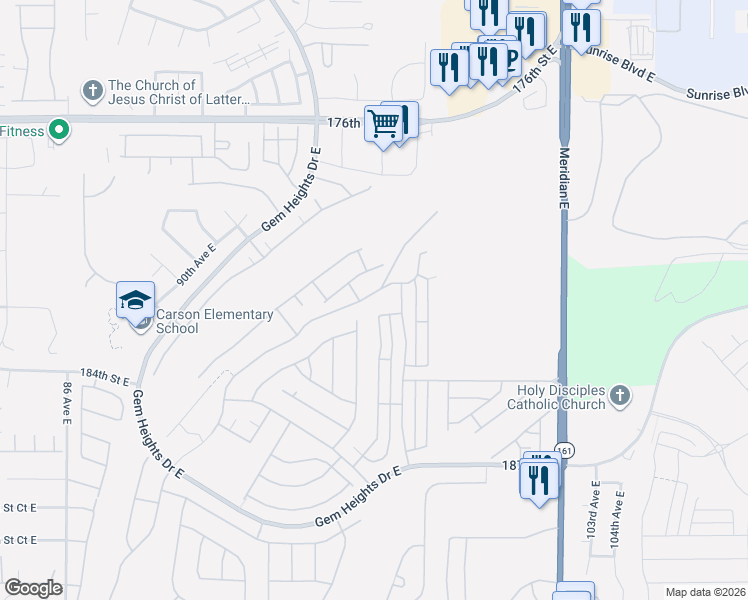 map of restaurants, bars, coffee shops, grocery stores, and more near 17709 Silver Creek Avenue East in Puyallup