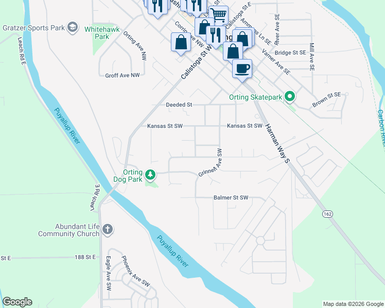 map of restaurants, bars, coffee shops, grocery stores, and more near 502 Belfair Street Southwest in Orting