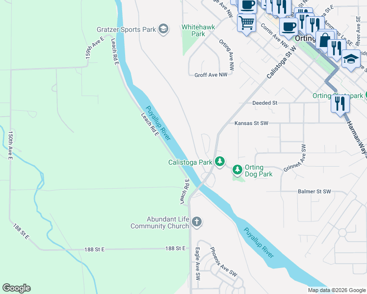 map of restaurants, bars, coffee shops, grocery stores, and more near 801 Calistoga Street West in Orting