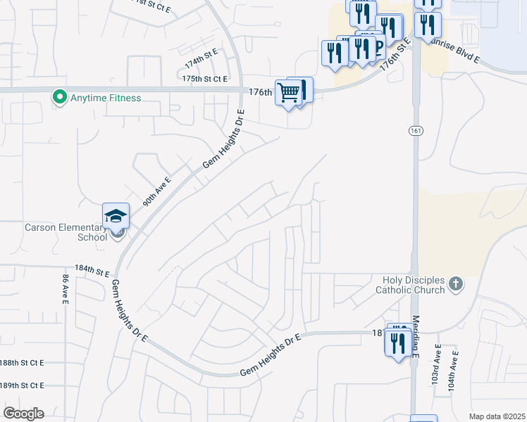 map of restaurants, bars, coffee shops, grocery stores, and more near 17727 93rd Avenue Court East in Puyallup