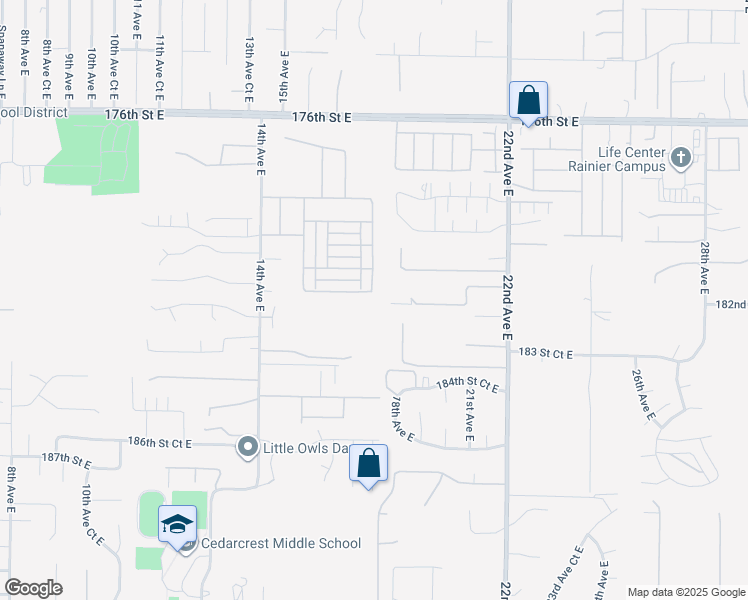 map of restaurants, bars, coffee shops, grocery stores, and more near 1762 182nd Street East in Spanaway