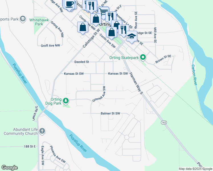 map of restaurants, bars, coffee shops, grocery stores, and more near 702 Grinnell Avenue Southwest in Orting