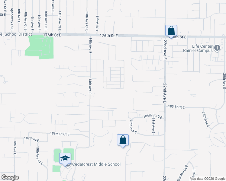 map of restaurants, bars, coffee shops, grocery stores, and more near 1628 182nd Street East in Spanaway