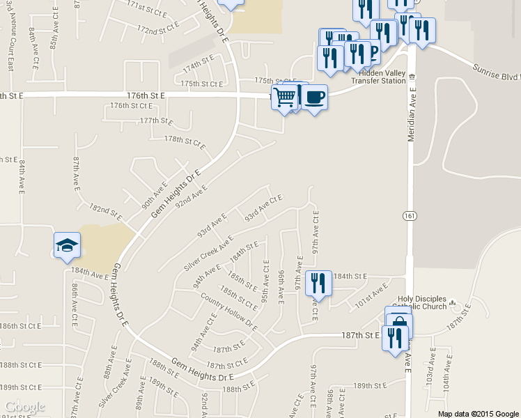 map of restaurants, bars, coffee shops, grocery stores, and more near 6619 177th Street Court East in Puyallup