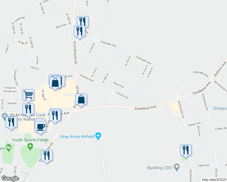 map of restaurants, bars, coffee shops, grocery stores, and more near Tacoma Avenue in Joint Base Lewis-McChord