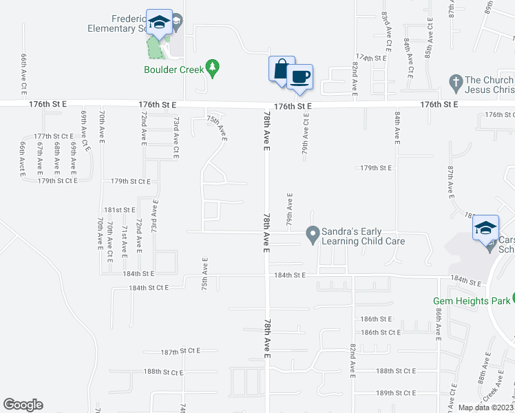 map of restaurants, bars, coffee shops, grocery stores, and more near 7740 181st Street East in Puyallup