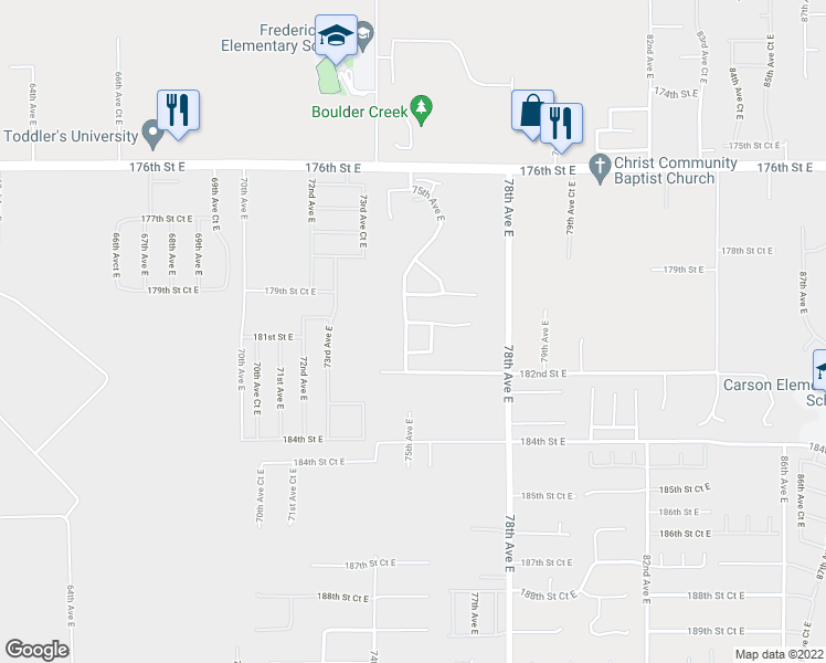 map of restaurants, bars, coffee shops, grocery stores, and more near 18111 75th Avenue East in Puyallup