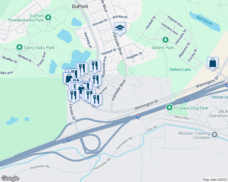 map of restaurants, bars, coffee shops, grocery stores, and more near 1065 Palisade Boulevard in DuPont
