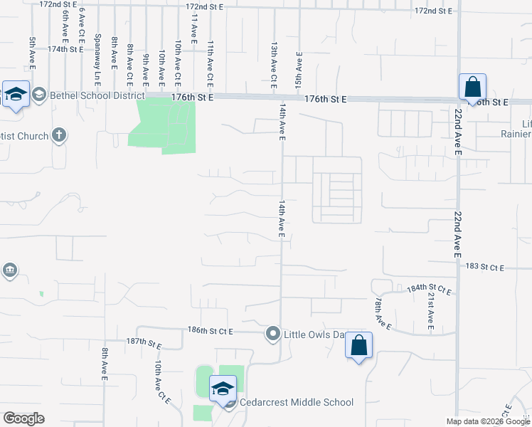 map of restaurants, bars, coffee shops, grocery stores, and more near 1323 181st Street Court East in Spanaway