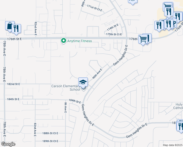 map of restaurants, bars, coffee shops, grocery stores, and more near 8915 181st Street East in Puyallup