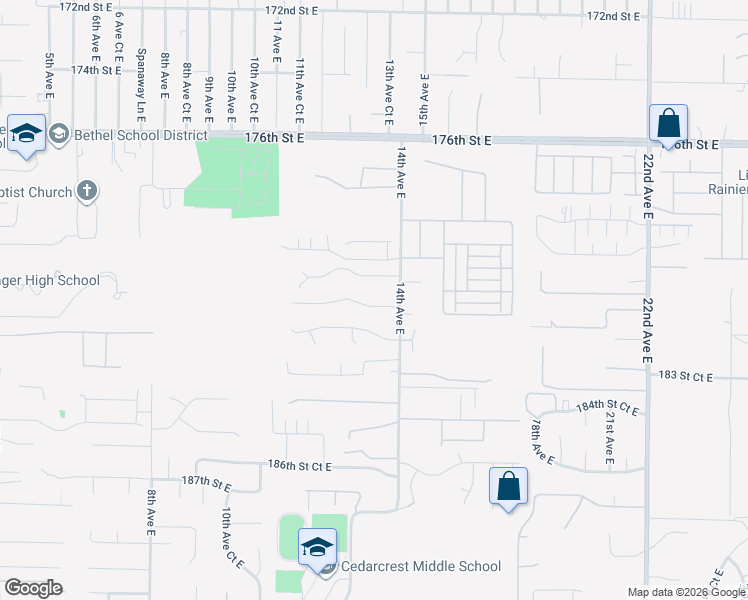 map of restaurants, bars, coffee shops, grocery stores, and more near 1319 181st Street Court East in Spanaway