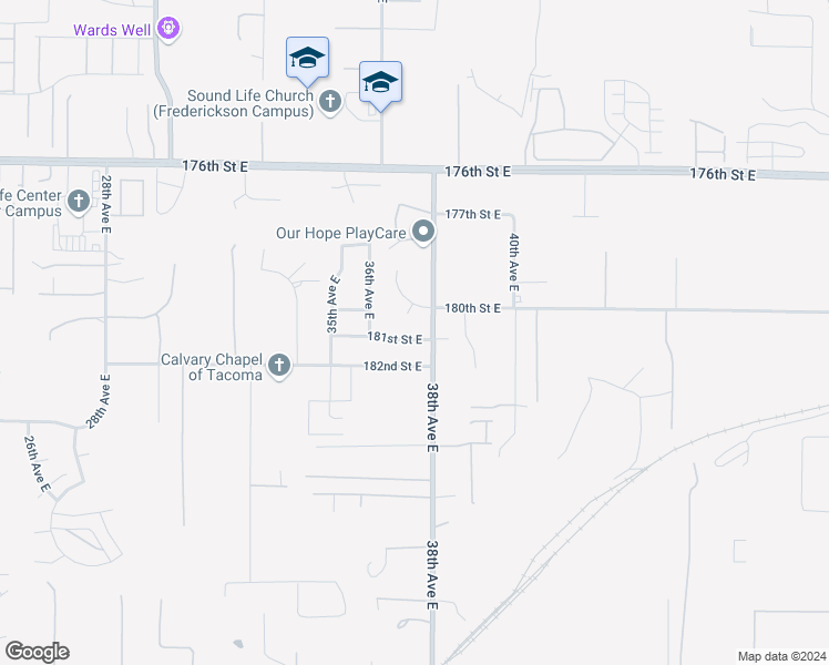 map of restaurants, bars, coffee shops, grocery stores, and more near 3719 181st Street East in Tacoma