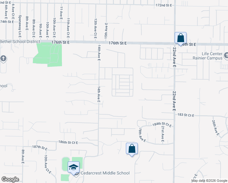 map of restaurants, bars, coffee shops, grocery stores, and more near 18032 15th Avenue East in Spanaway