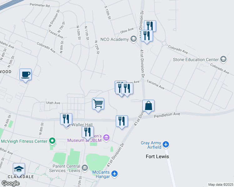 map of restaurants, bars, coffee shops, grocery stores, and more near Lewis Drive in Joint Base Lewis-McChord