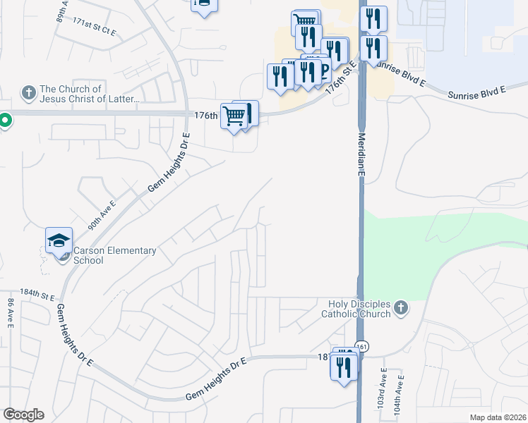 map of restaurants, bars, coffee shops, grocery stores, and more near 17911 97th Lane East in Puyallup