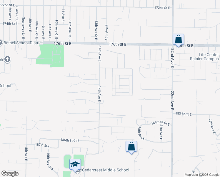 map of restaurants, bars, coffee shops, grocery stores, and more near 18032 15th Avenue East in Spanaway