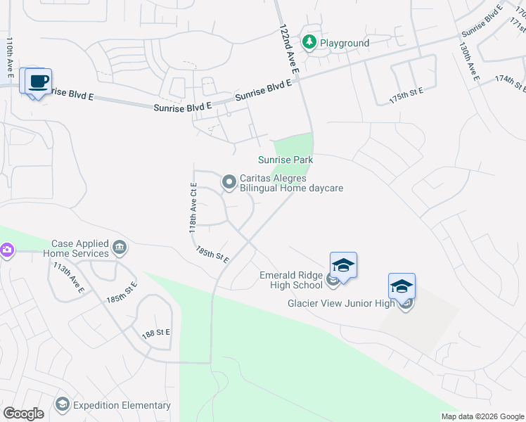 map of restaurants, bars, coffee shops, grocery stores, and more near 18110 121st Avenue East in Puyallup