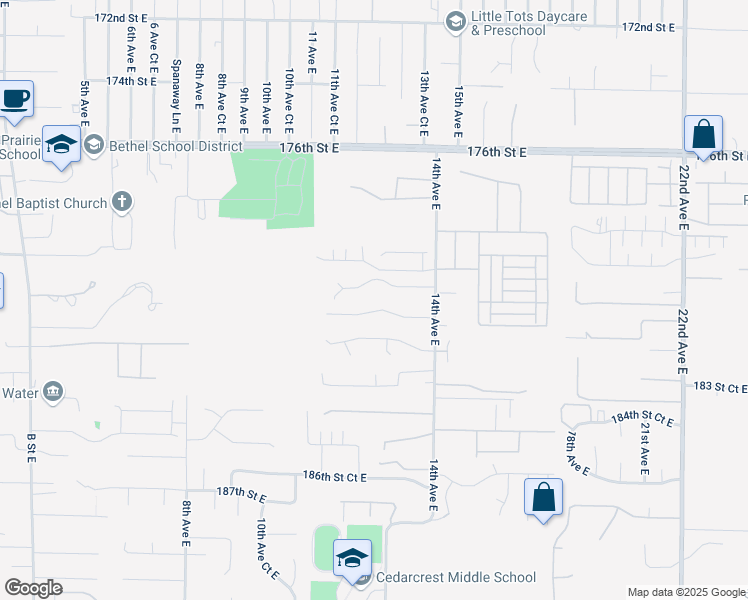 map of restaurants, bars, coffee shops, grocery stores, and more near 1302 180th Street Court East in Spanaway