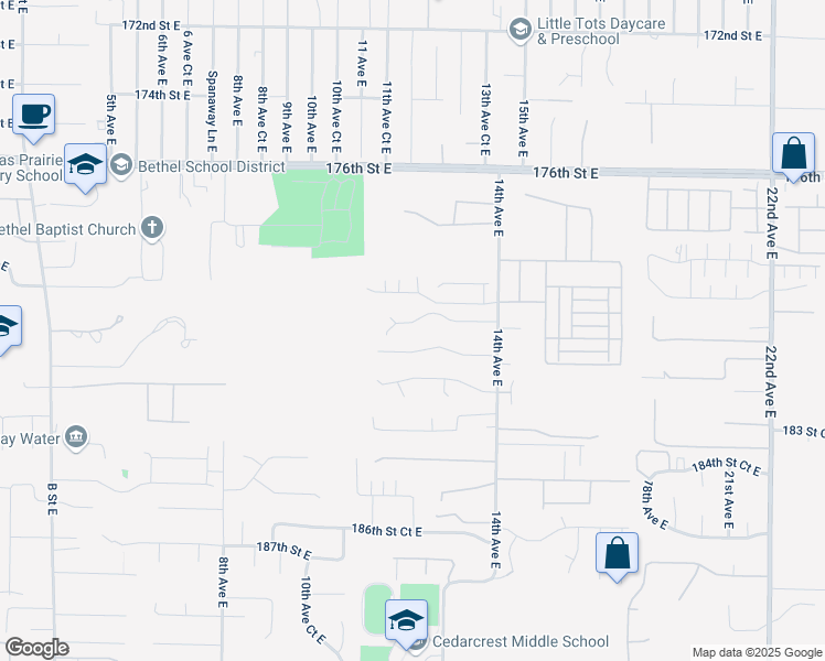 map of restaurants, bars, coffee shops, grocery stores, and more near 1302 180th Street Court East in Spanaway