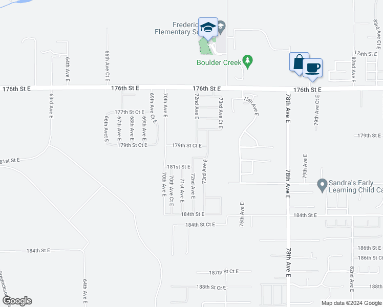 map of restaurants, bars, coffee shops, grocery stores, and more near 7205 180th Street East in Puyallup