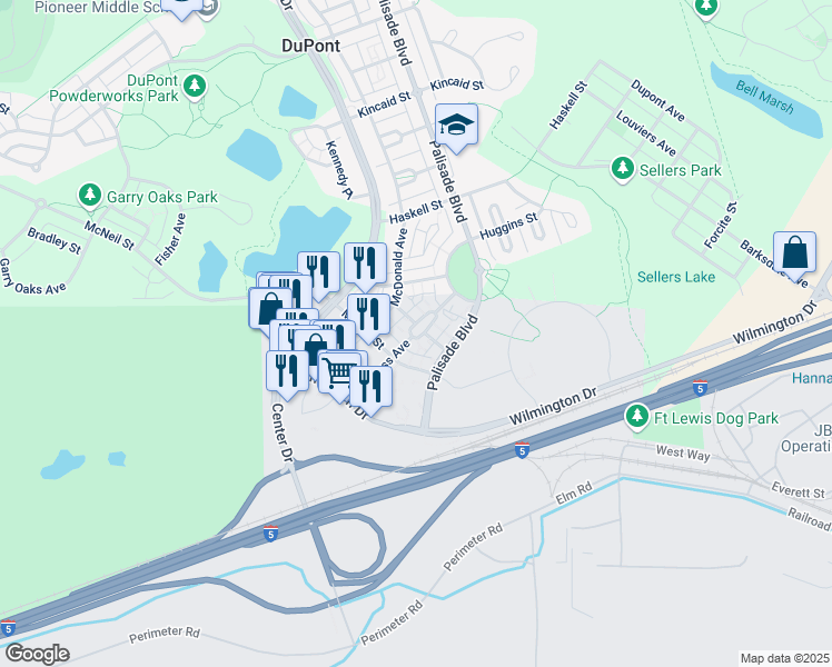 map of restaurants, bars, coffee shops, grocery stores, and more near 1065 Palisade Boulevard in DuPont