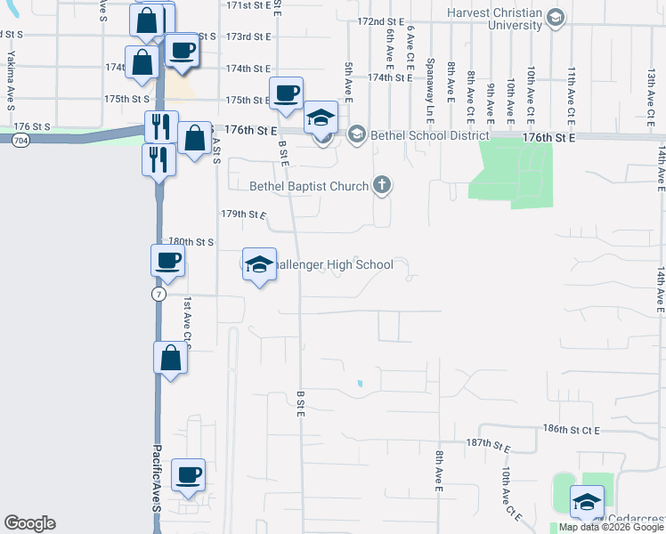 map of restaurants, bars, coffee shops, grocery stores, and more near 613 181st Street Court East in Spanaway
