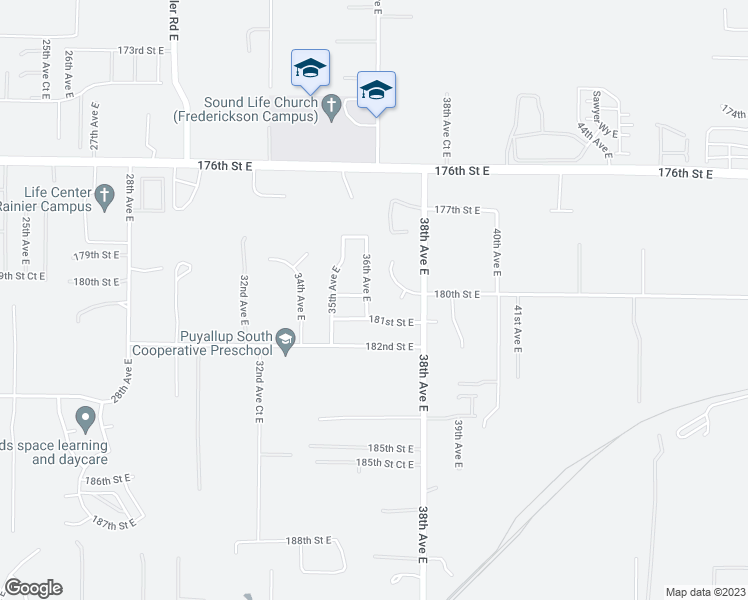 map of restaurants, bars, coffee shops, grocery stores, and more near 18001 36th Avenue East in Tacoma