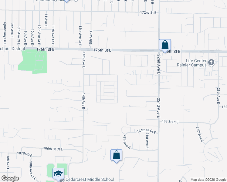map of restaurants, bars, coffee shops, grocery stores, and more near 18030 17th Avenue Court East in Spanaway