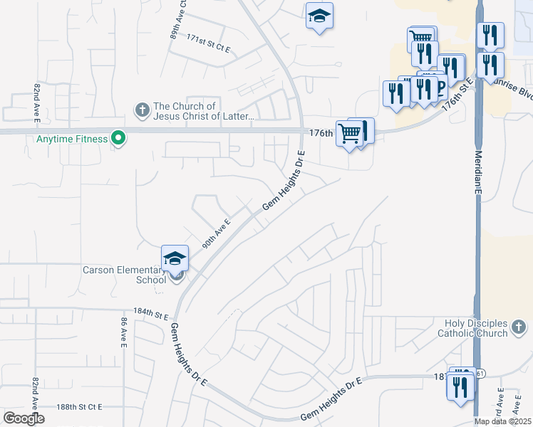 map of restaurants, bars, coffee shops, grocery stores, and more near 17824 92nd Avenue East in Puyallup