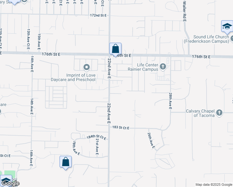 map of restaurants, bars, coffee shops, grocery stores, and more near 2225 180th Street East in Tacoma