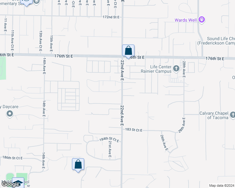 map of restaurants, bars, coffee shops, grocery stores, and more near 2124 179th Street Court East in Spanaway