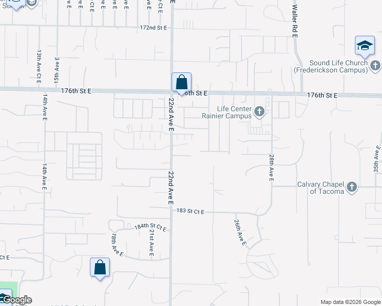 map of restaurants, bars, coffee shops, grocery stores, and more near 2319 180th Street East in Tacoma