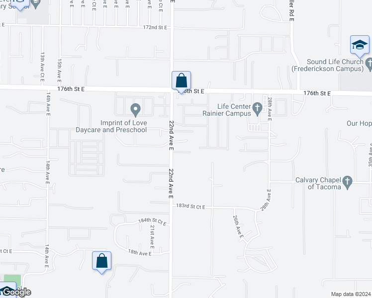 map of restaurants, bars, coffee shops, grocery stores, and more near 2229 180th Street East in Tacoma