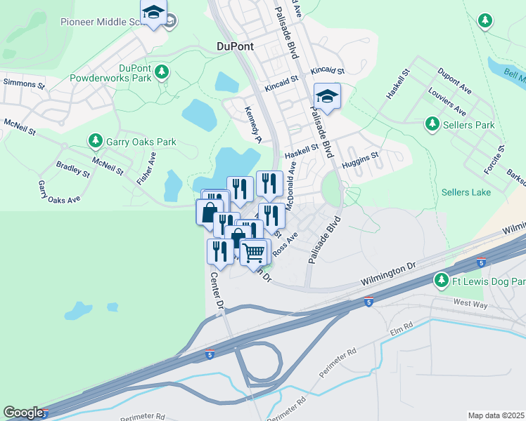 map of restaurants, bars, coffee shops, grocery stores, and more near 1589 Center Drive in DuPont