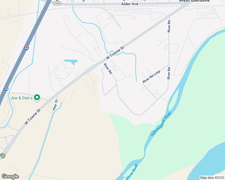 map of restaurants, bars, coffee shops, grocery stores, and more near 737 River Road in Glendive