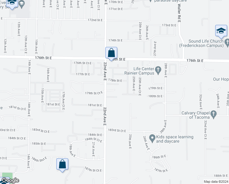 map of restaurants, bars, coffee shops, grocery stores, and more near 2304 179th Street Court East in Tacoma