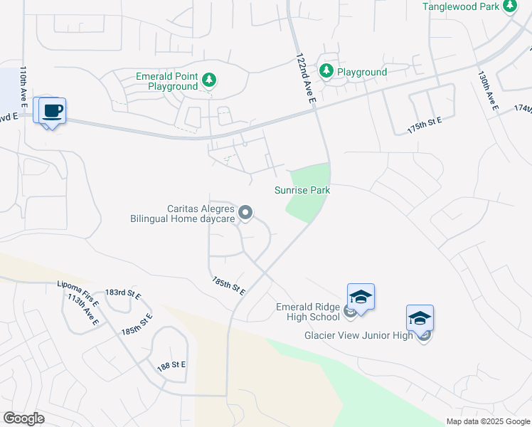map of restaurants, bars, coffee shops, grocery stores, and more near 12013 181st Street East in Puyallup