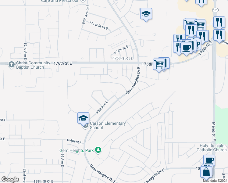 map of restaurants, bars, coffee shops, grocery stores, and more near 8925 179th Street East in Puyallup