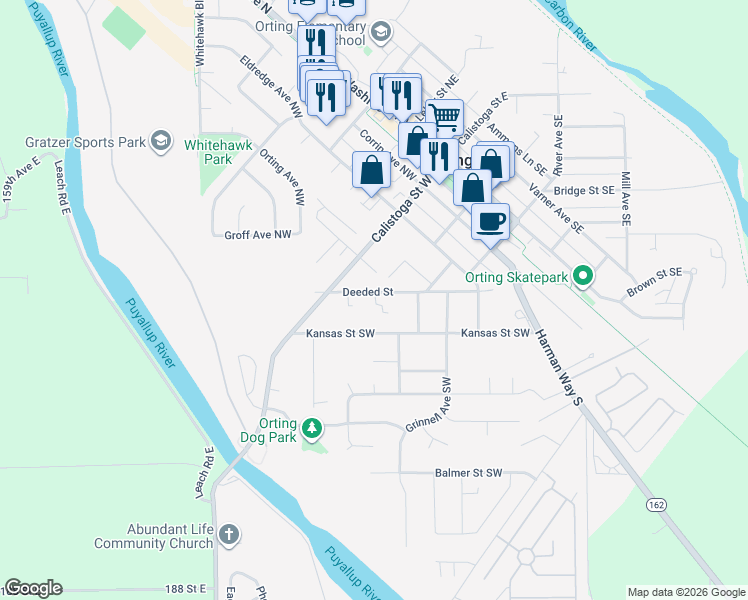 map of restaurants, bars, coffee shops, grocery stores, and more near 512 Deeded Street in Orting