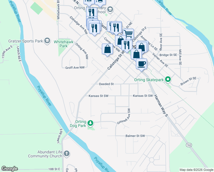 map of restaurants, bars, coffee shops, grocery stores, and more near 512 Deeded Street in Orting