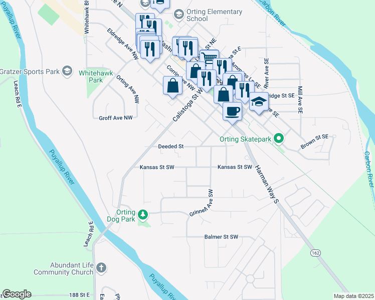 map of restaurants, bars, coffee shops, grocery stores, and more near 504 Deeded Street in Orting